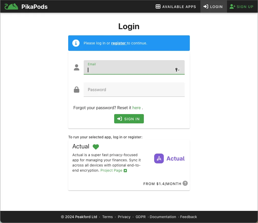 image PikaPods register