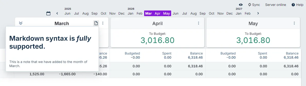 Budget header note with Markdown